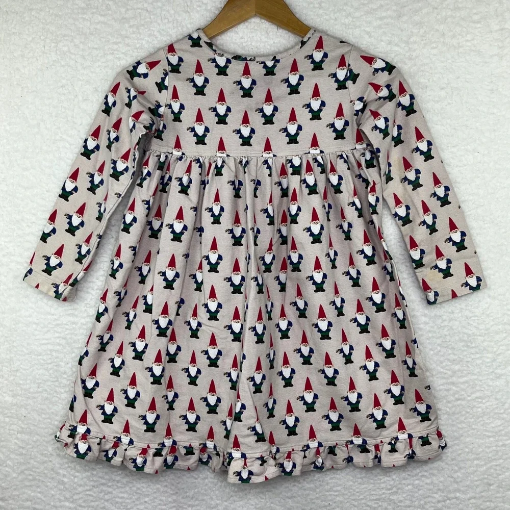 Hanna Andersson Kids Gnome Print Long Sleeve Ruffle Hem Dress Tan Size 110 US 5
